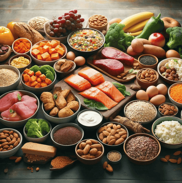 Aliments prise de masse : Poulet sans peau, saumon, œufs, quinoa, patate douce, fromage cottage, avoine, beurre d'amande, lentilles, tofu, riz brun, noix et graines, brocoli, yaourt grec, boeuf maigre.