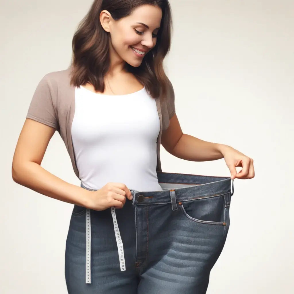 Femme ayant perdu du poids tenant son pantalon