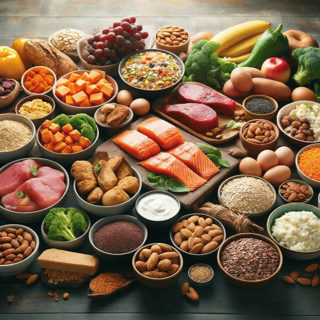 Aliments prise de masse : Poulet sans peau, saumon, œufs, quinoa, patate douce, fromage cottage, avoine, beurre d'amande, lentilles, tofu, riz brun, noix et graines, brocoli, yaourt grec, boeuf maigre.