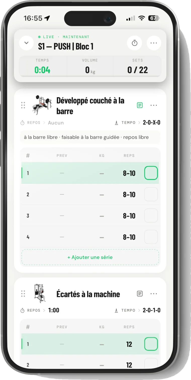 Une séance Focus BRAS en cours dans Epilog : exercices, tempo, répétitions et séries à valider.