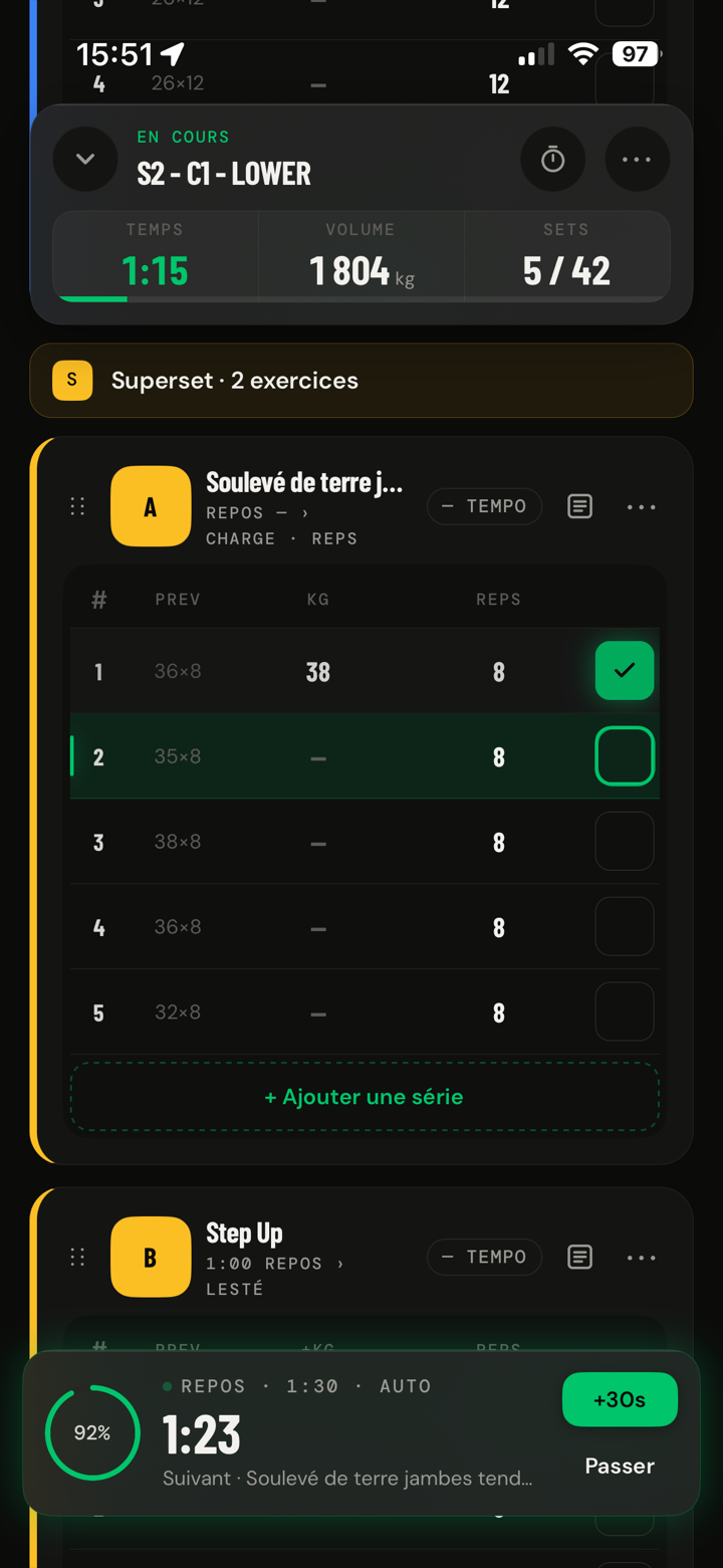 Une séance suivie dans l’application Epilog